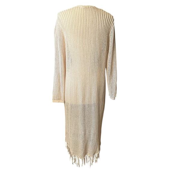 POL Open Knit Long Duster Cardigan Fringe Hem Cream Boho Large Pockets Western - Picture 6 of 8